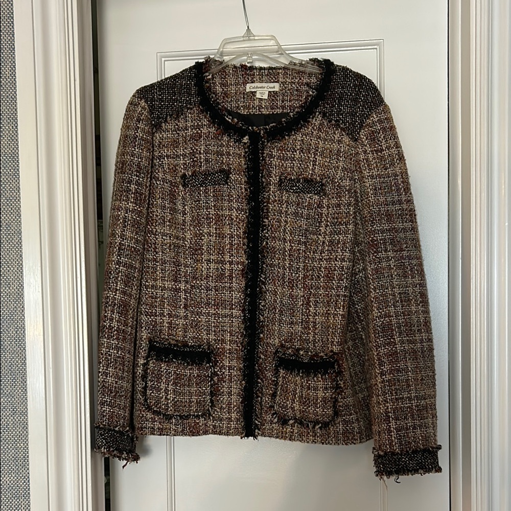 Coldwater Creek Black and Brown Tweed Blazer with Fringe Trim